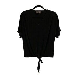 Chicos Travelers Size 1 Top Womens Medium Tie Front Black Slinky Slit Sleeves